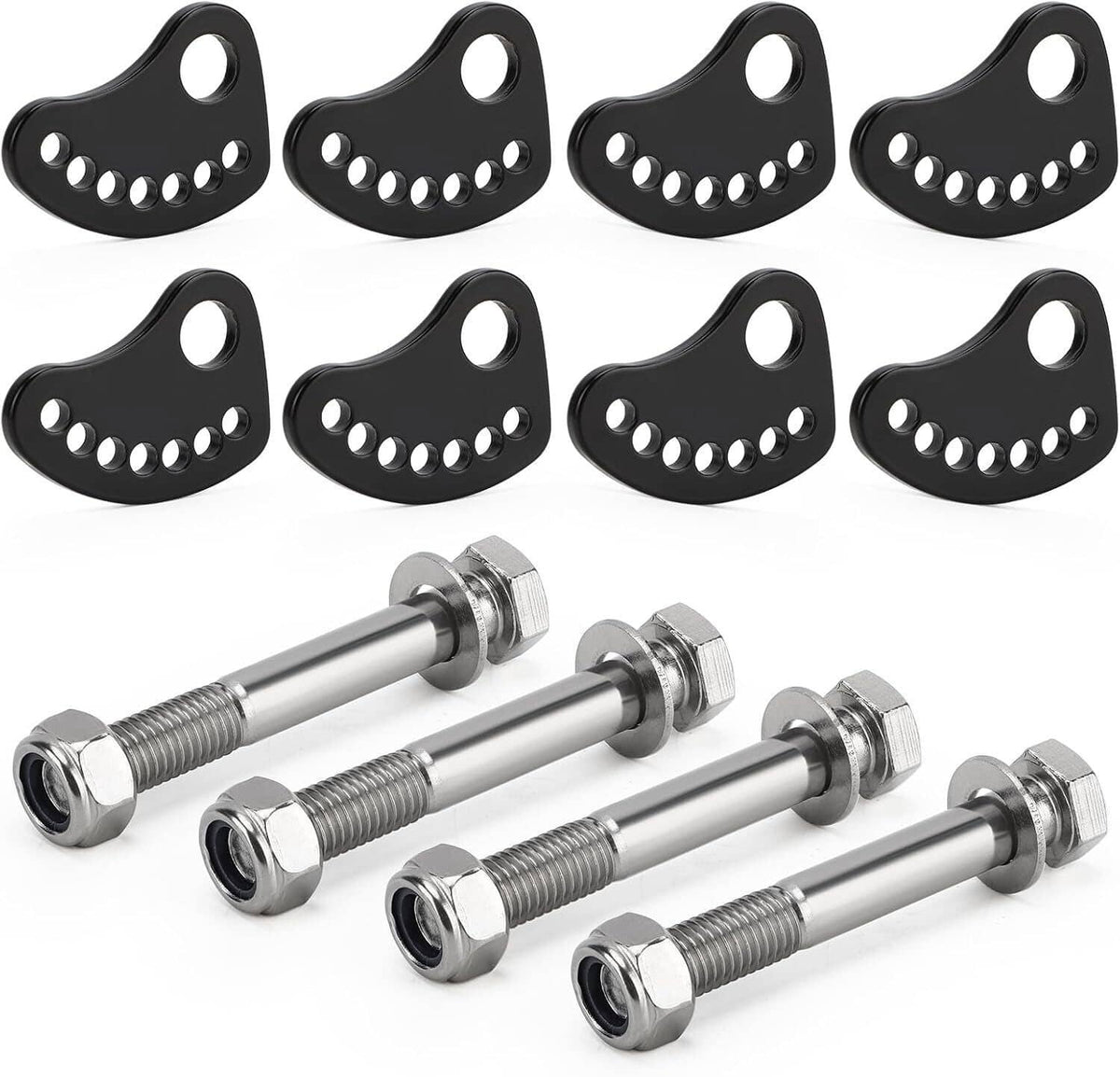 Set of black cam plates with multiple holes and silver alignment bolts with nuts