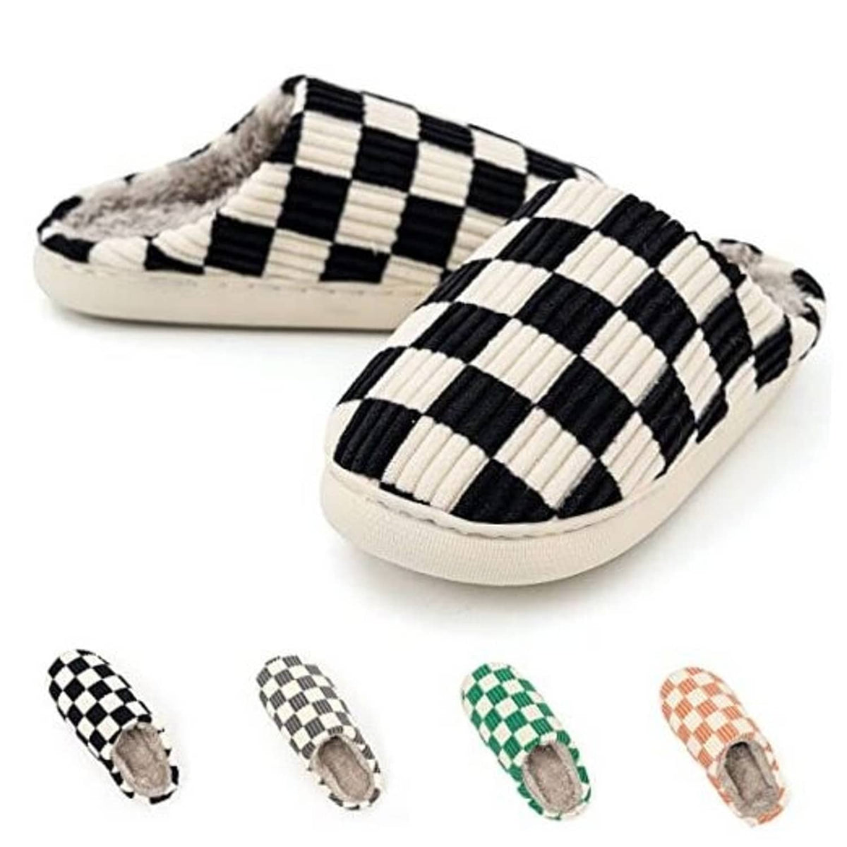 Fuzzy house slippers with black-and-cream striped plaid upper and cushioned sole