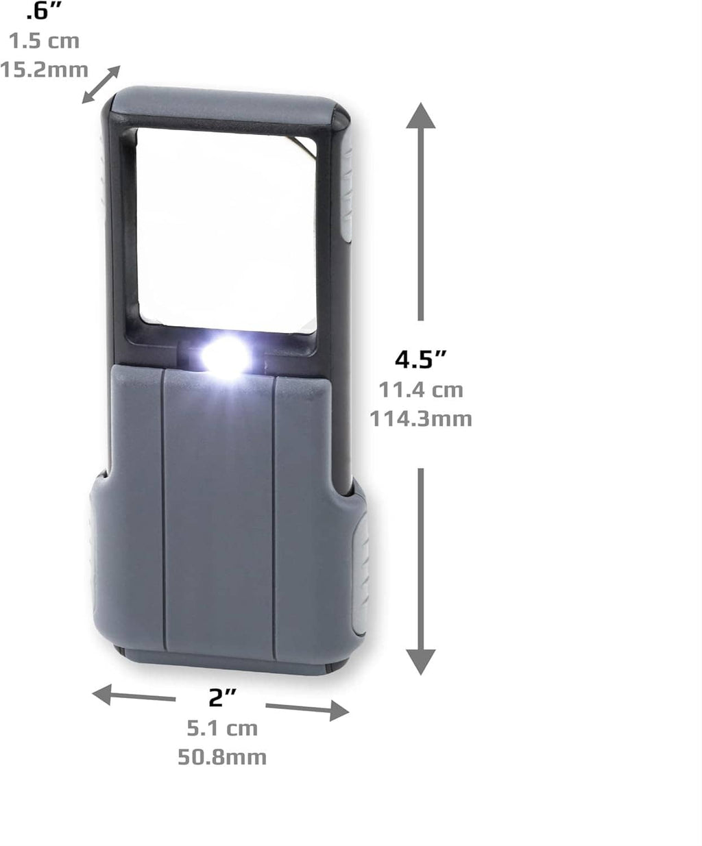 Gray LED lighted slide-out magnifier with lens cover open, size shown