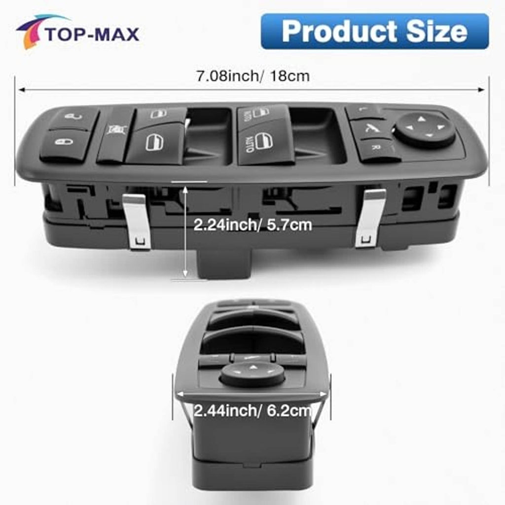 Black power window switch assembly shown with front and side views and controls