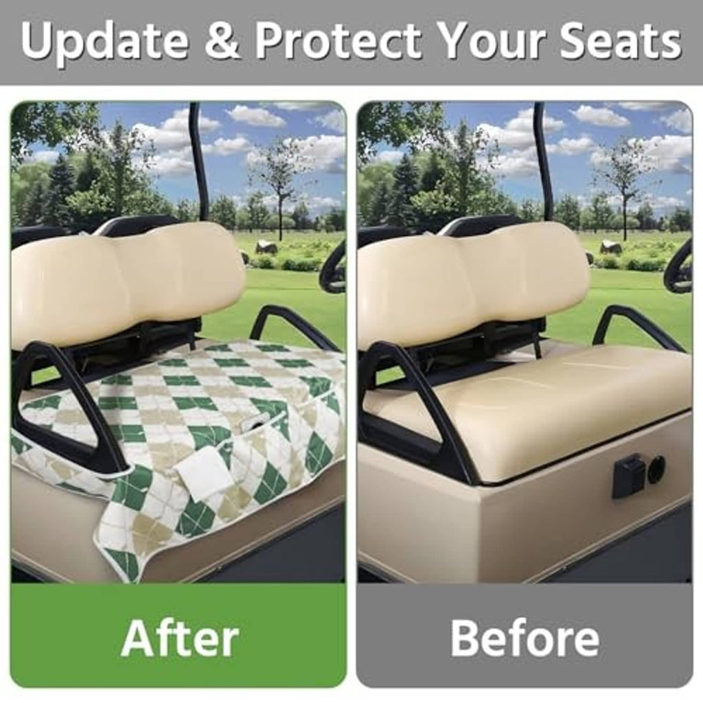 Green-and-cream argyle golf cart seat cover on a beige cart seat