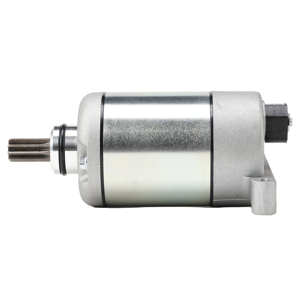 Starter motor assembly side view with metal casing and drive shaft