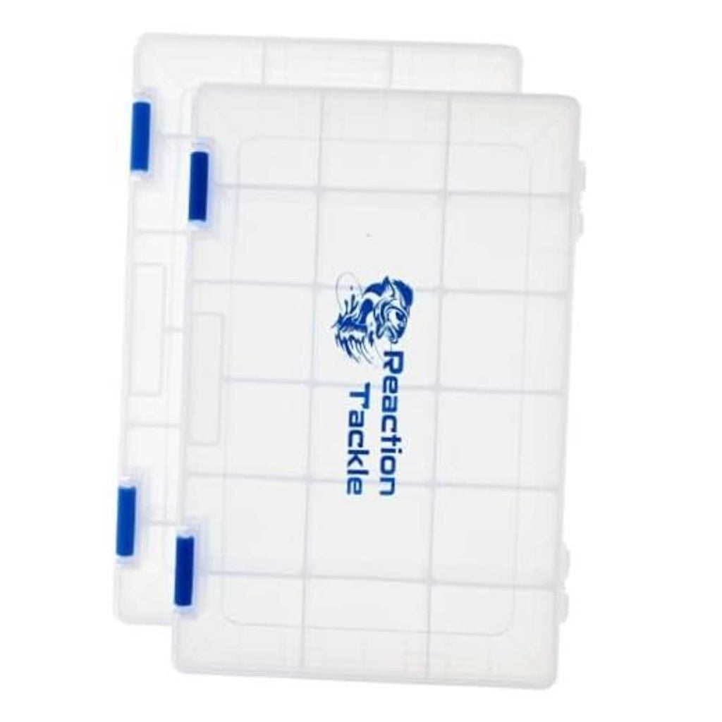 Clear plastic fishing tackle trays with grid compartments and blue latches, 2-pack