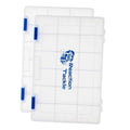Clear plastic fishing tackle trays with grid compartments and blue latches, 2-pack