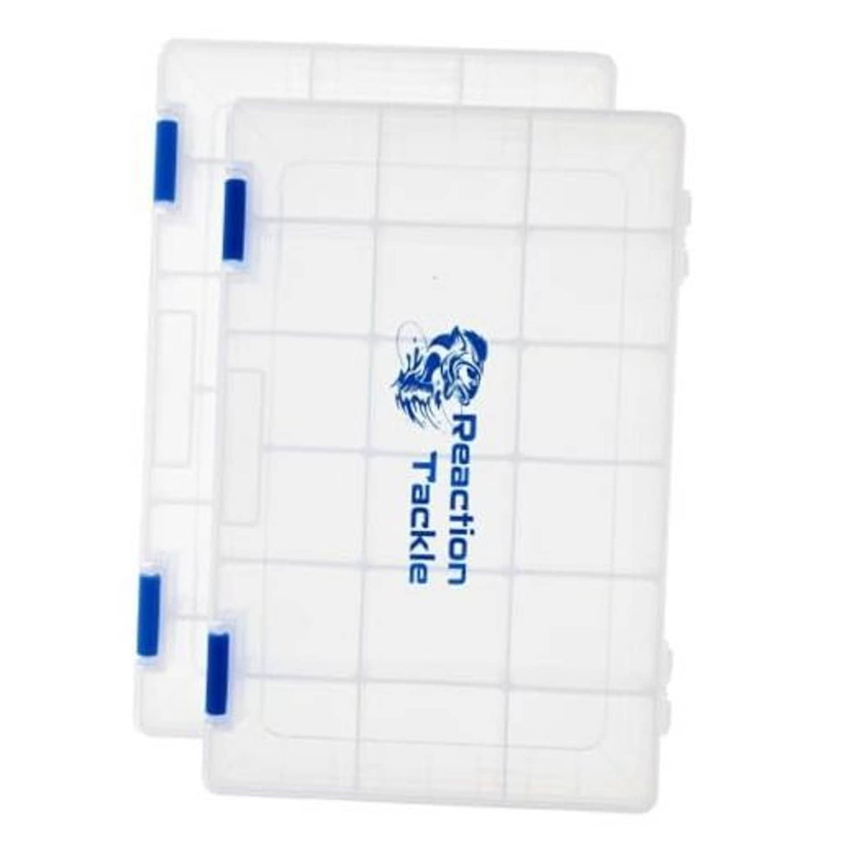 Clear plastic fishing tackle trays with grid compartments and blue latches, 2-pack