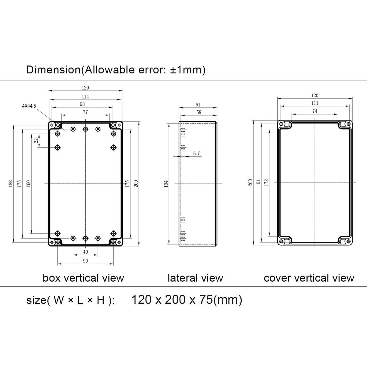 Electrical enclosure dimensions diagram showing box size 120 x 200 x 75mm