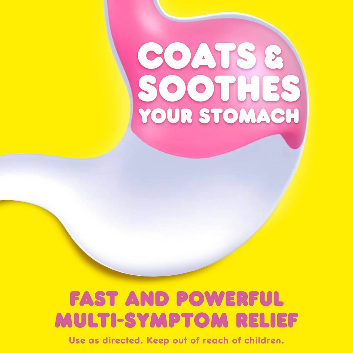 Pepto Bismol liquid bottle with 'Coats & soothes your stomach' label