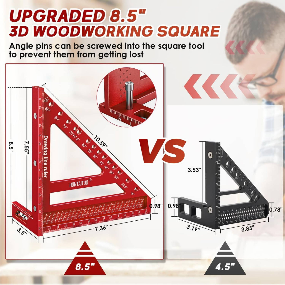 Red 3D carpenter square marking gauge with screw-in angle pins feature