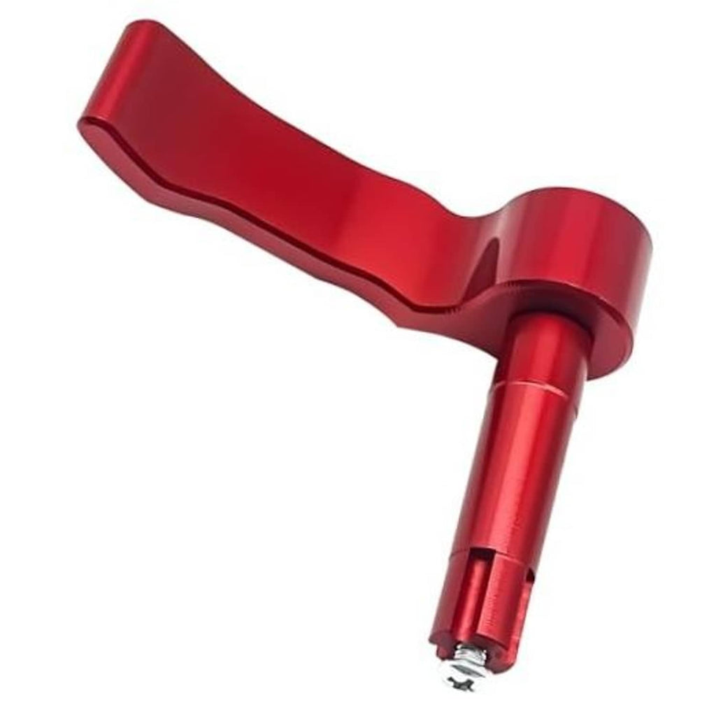 Red thumb throttle control lever with cylindrical mounting end and curved grip