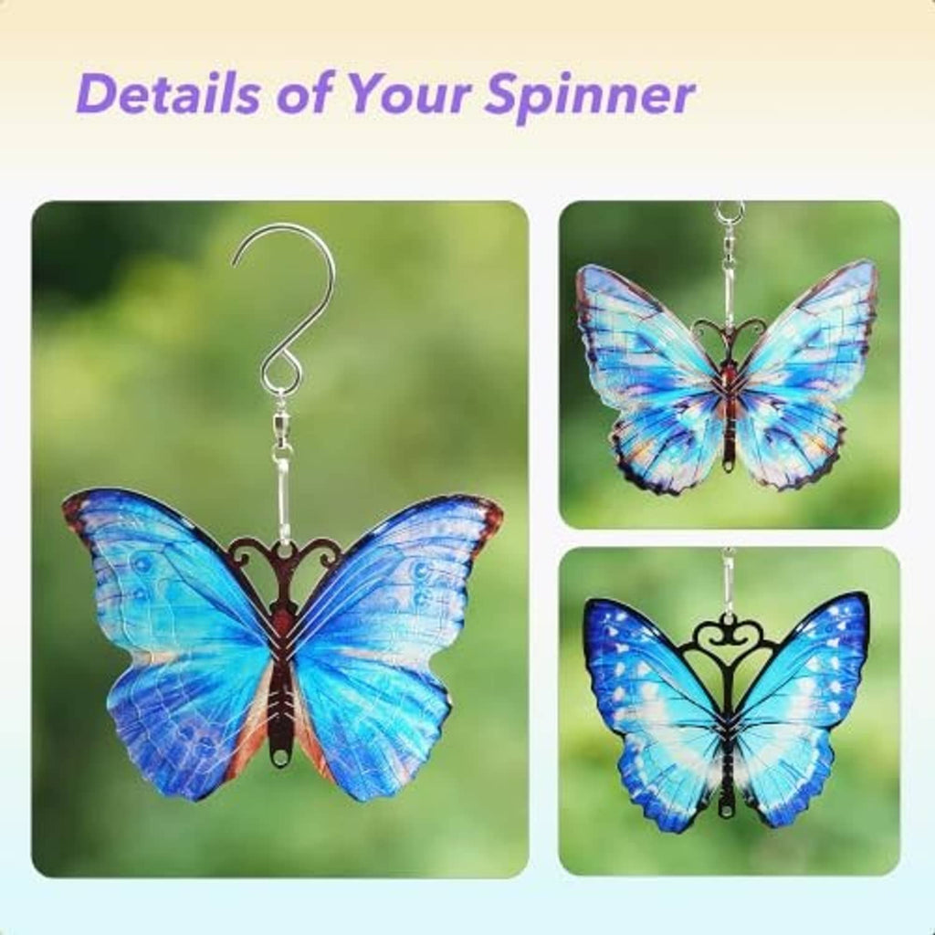 Blue butterfly metal hanging spinner with curved hook and silver chain detail