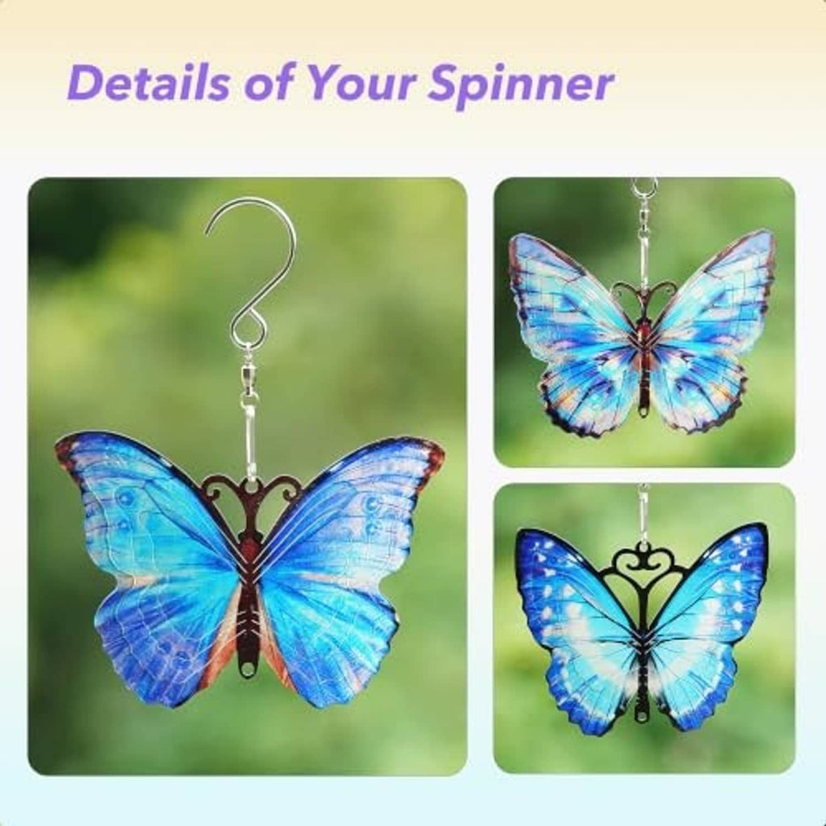 Blue butterfly metal hanging spinner with curved hook and silver chain detail