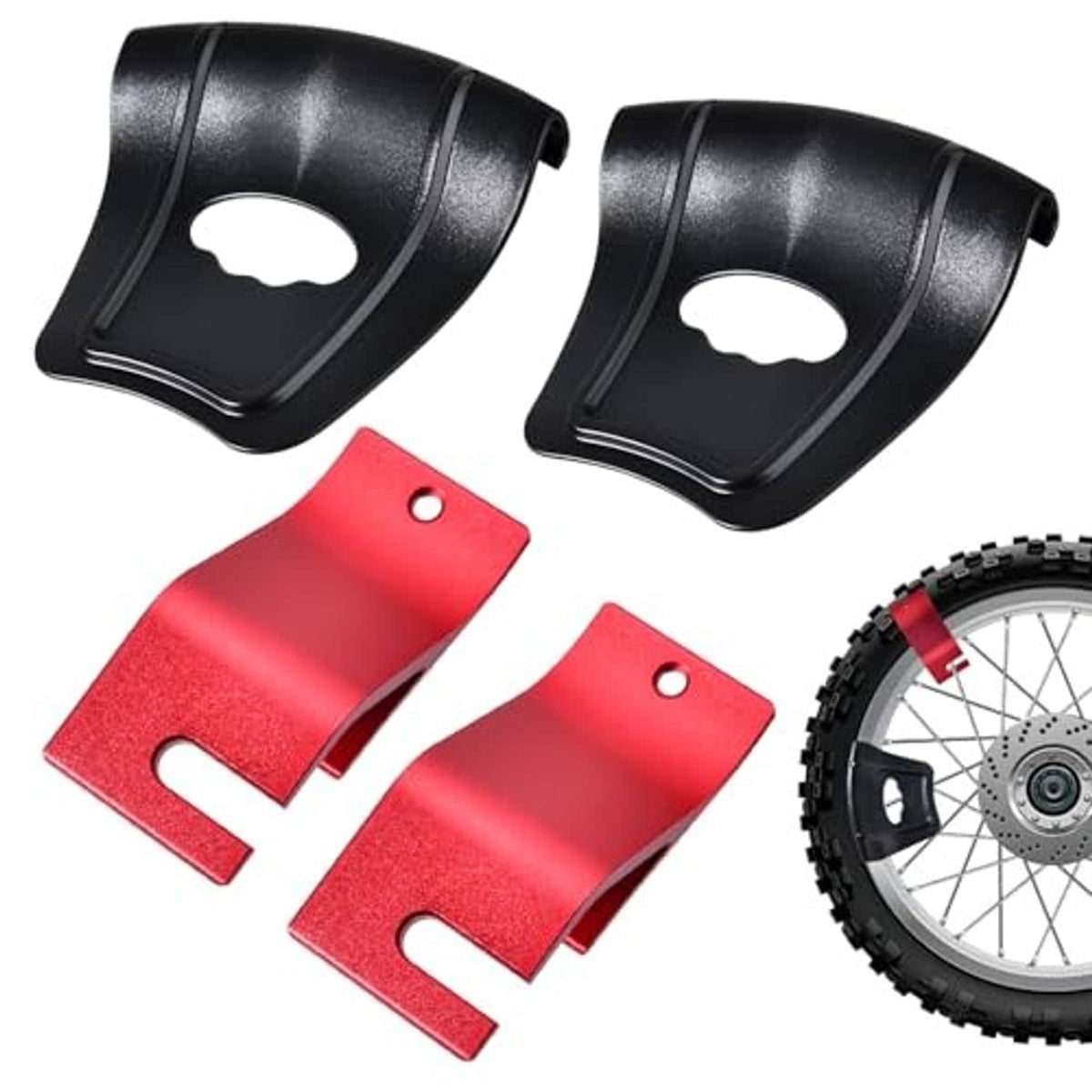 Motorcycle tire bead holder hooks set with two black rim protectors and red hooks near wheel