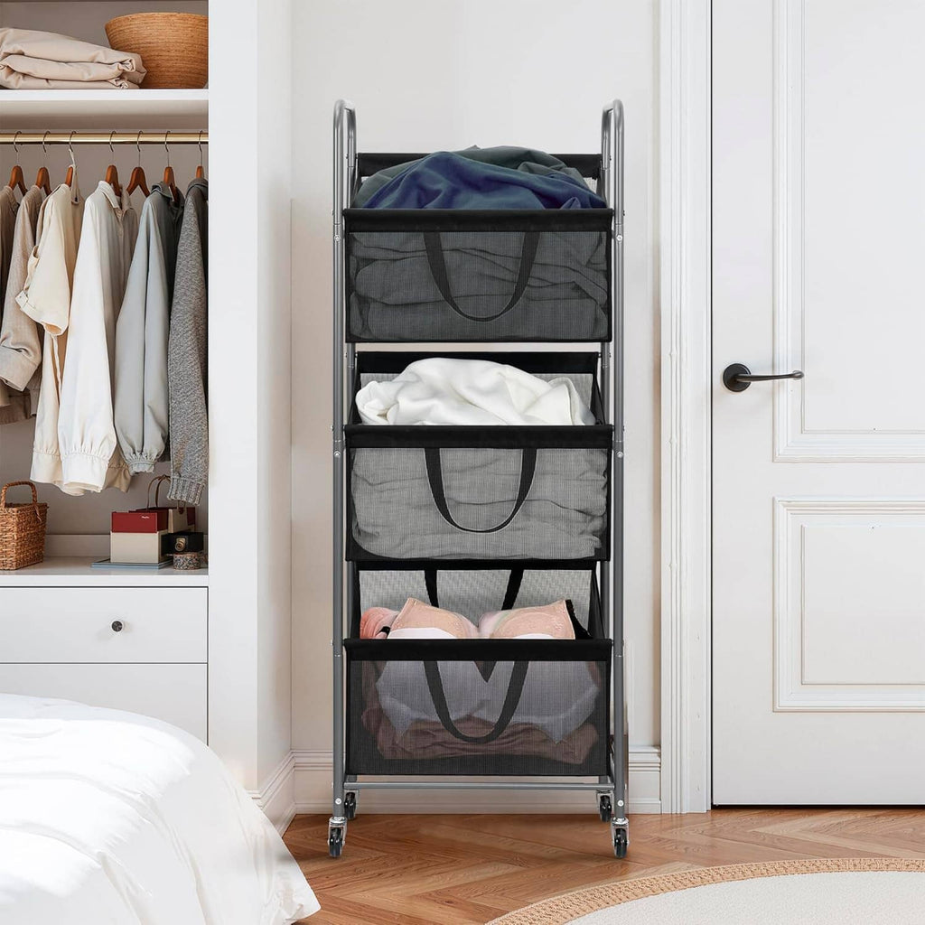 Rolling 3-tier laundry hamper with gray-black mesh bags, door-side view