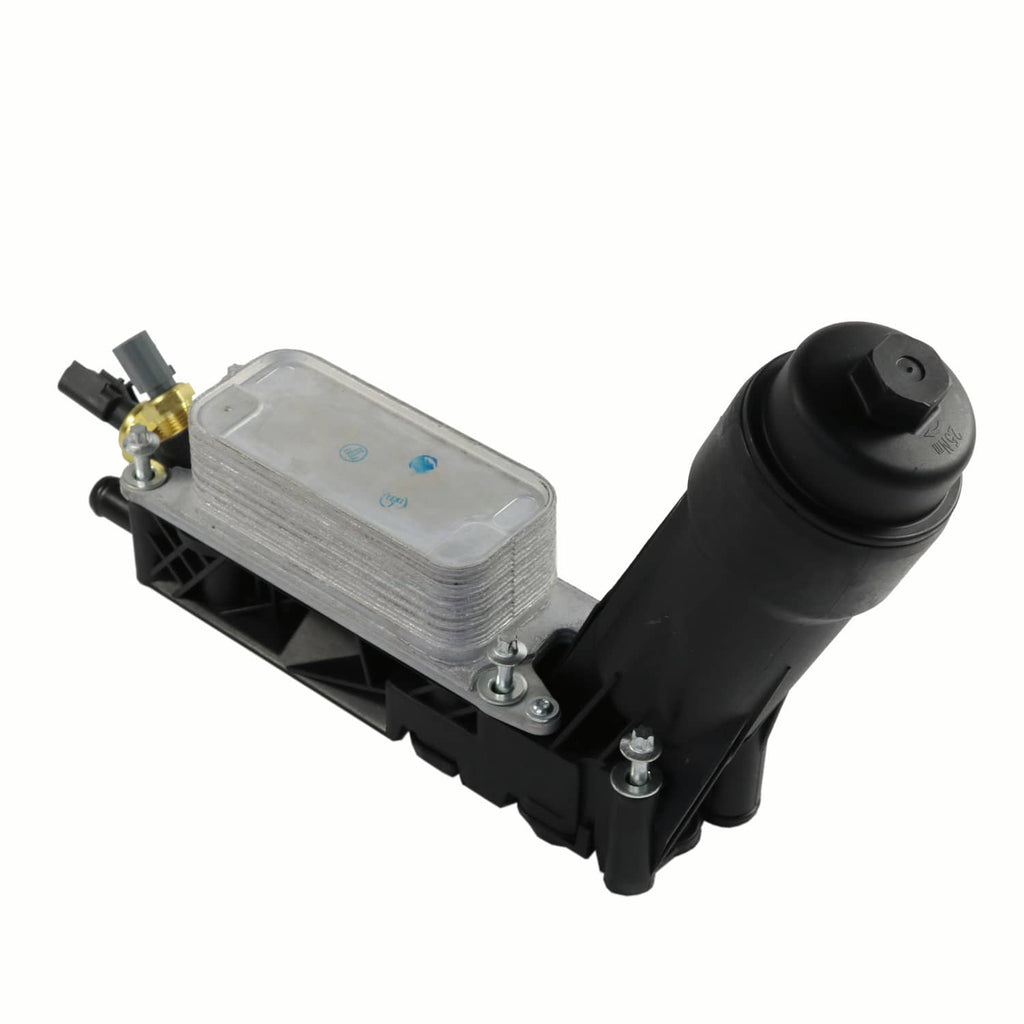 Oil filter adapter housing with metal heat exchanger plate and black plastic body