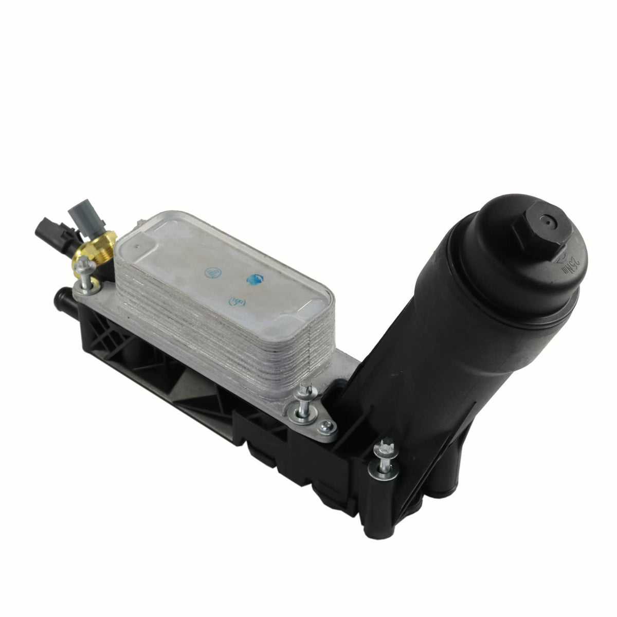 Oil filter adapter housing with metal heat exchanger plate and black plastic body