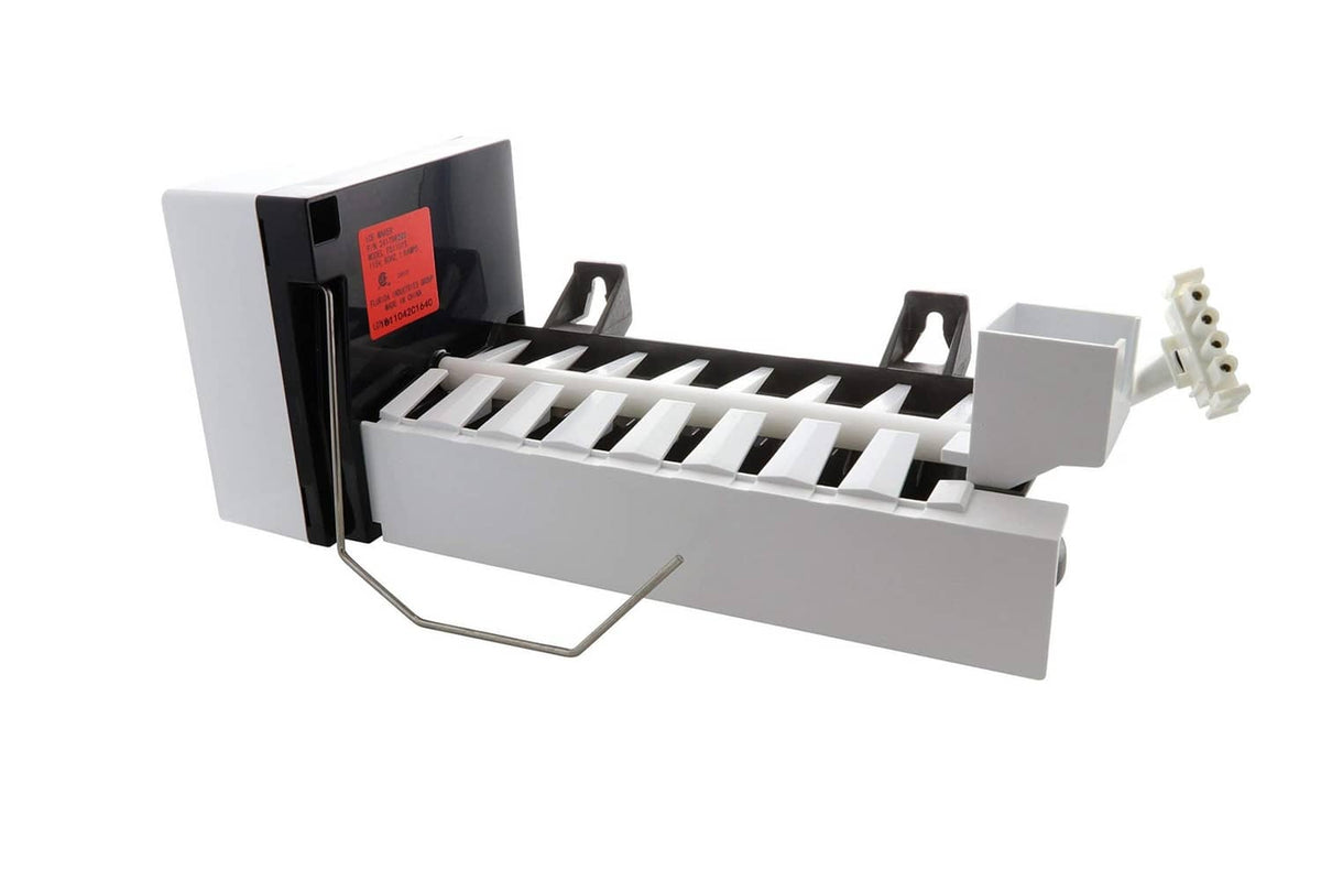 Ice maker replacement unit with open white rack, black housing, and red display panel
