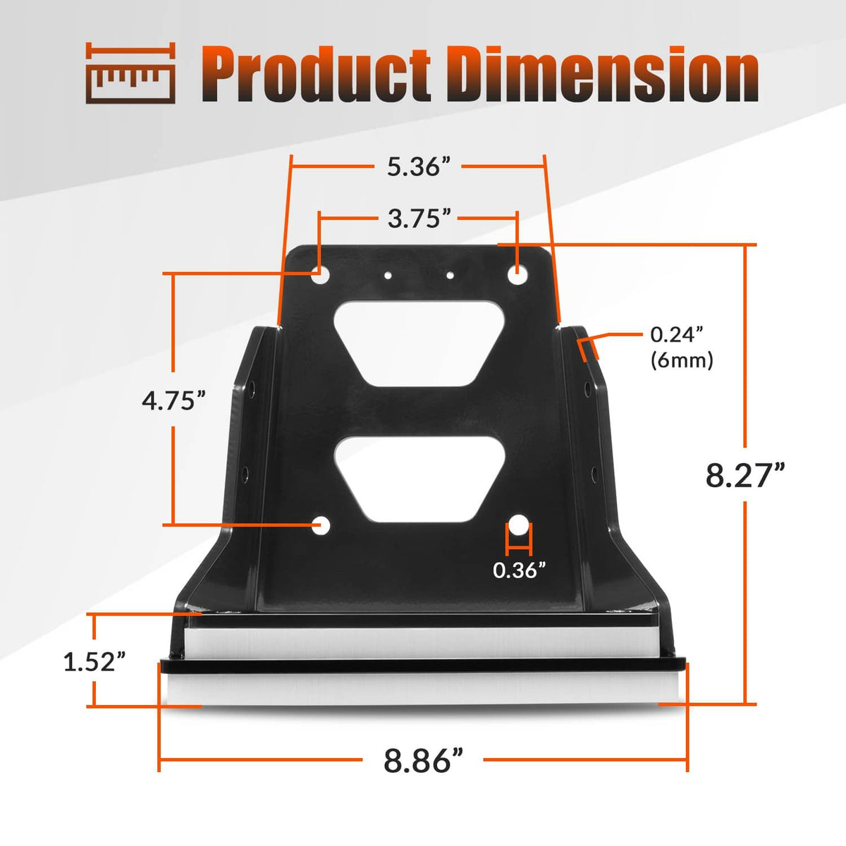 Black transom trolling motor mount bracket with cutouts and overall size markings