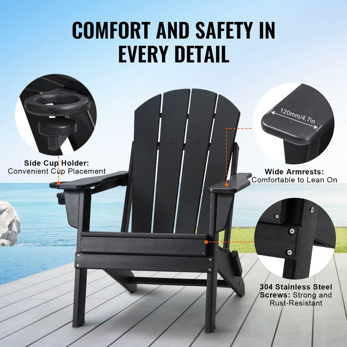 Black folding Adirondack chair with side cup holders and slatted back, hardware detail