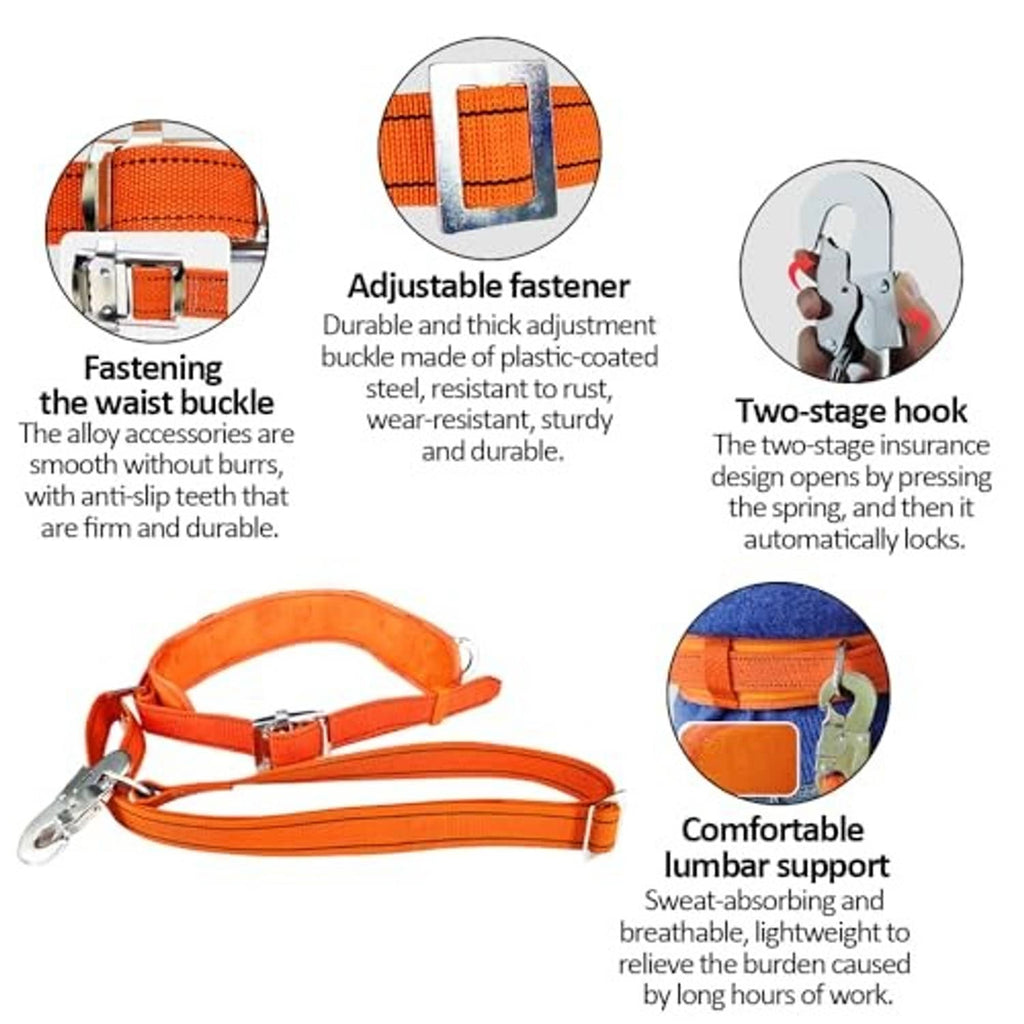 Orange climbing belt and lanyard set with metal clips for tree climbing spikes