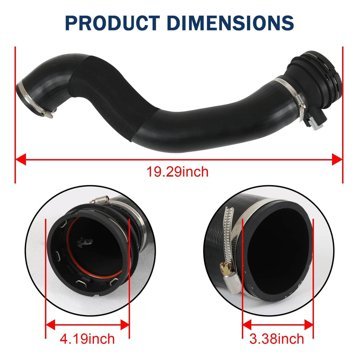 Black turbo intercooler outlet hose with sensor connectors and metal-ring end fittings