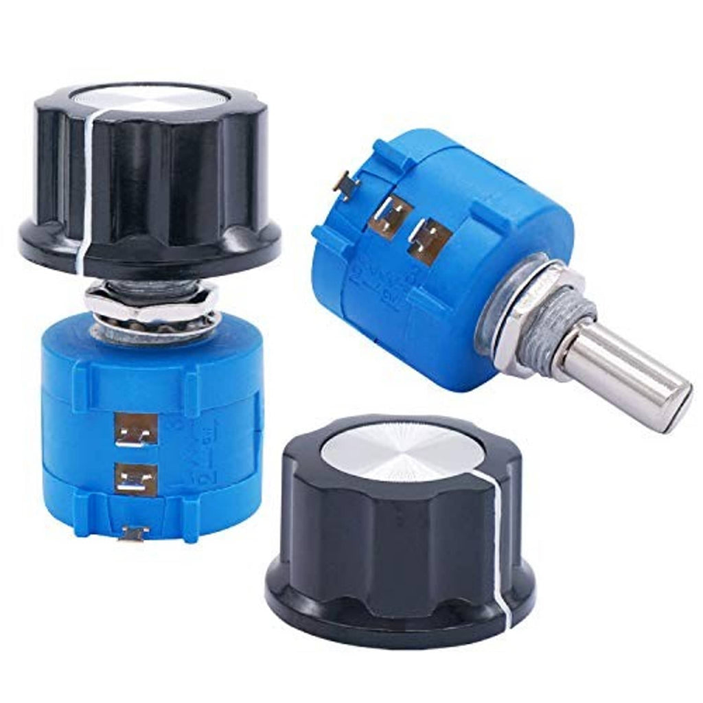 Rotary potentiometer pair showing blue and black housings with metal adjustment shafts