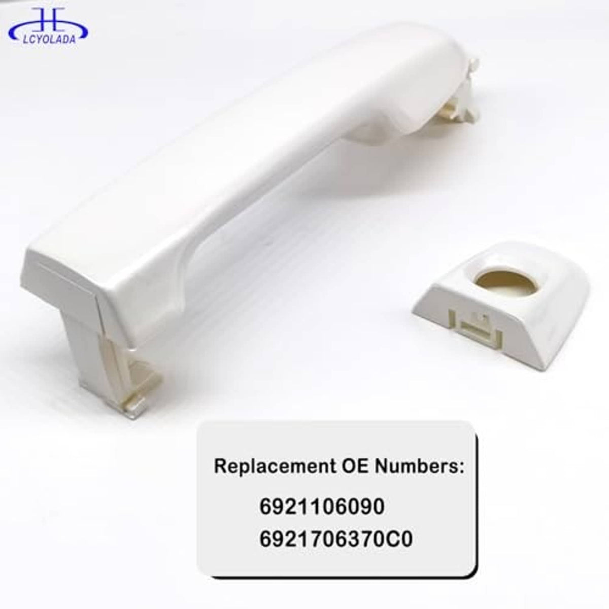 White door handle with two mounting tabs and a separate holder/bracket piece