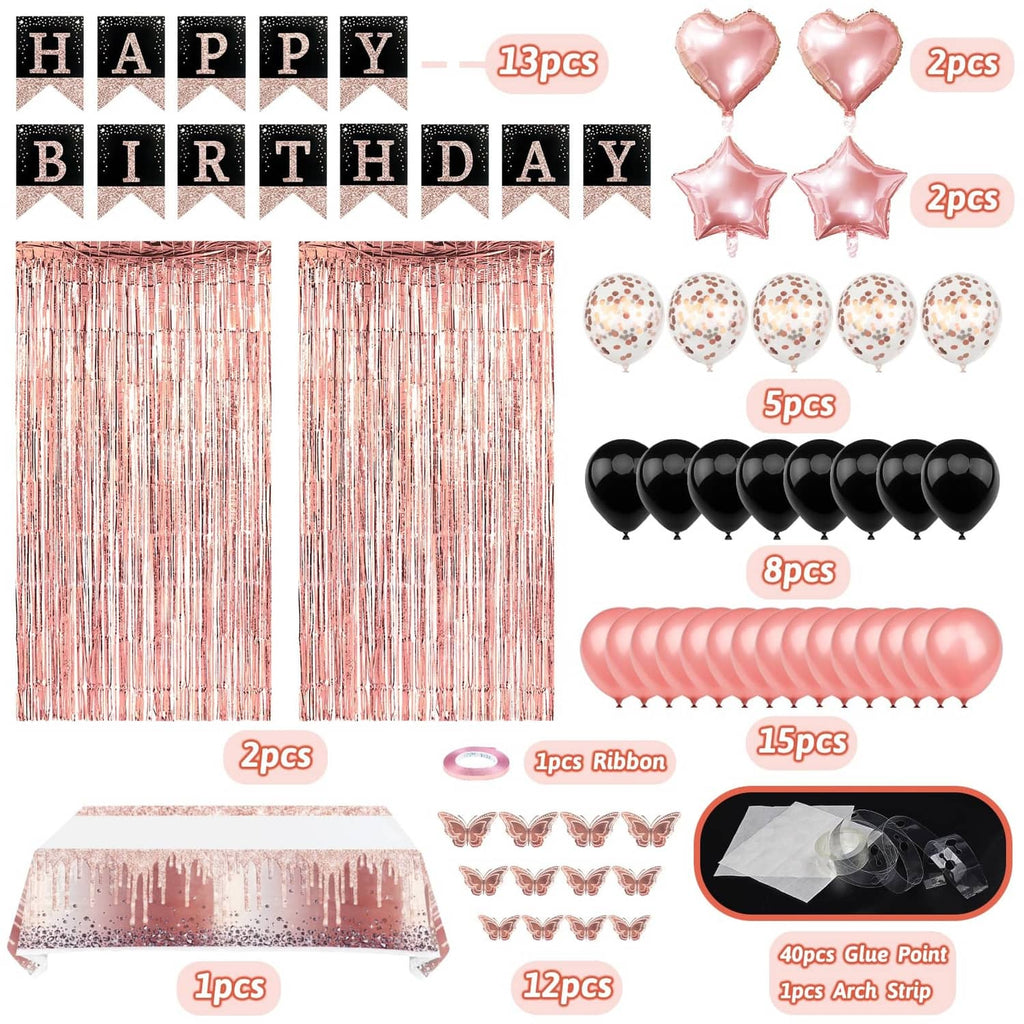 Rose gold and black birthday decoration set layout: banner, curtains, balloons, and stickers