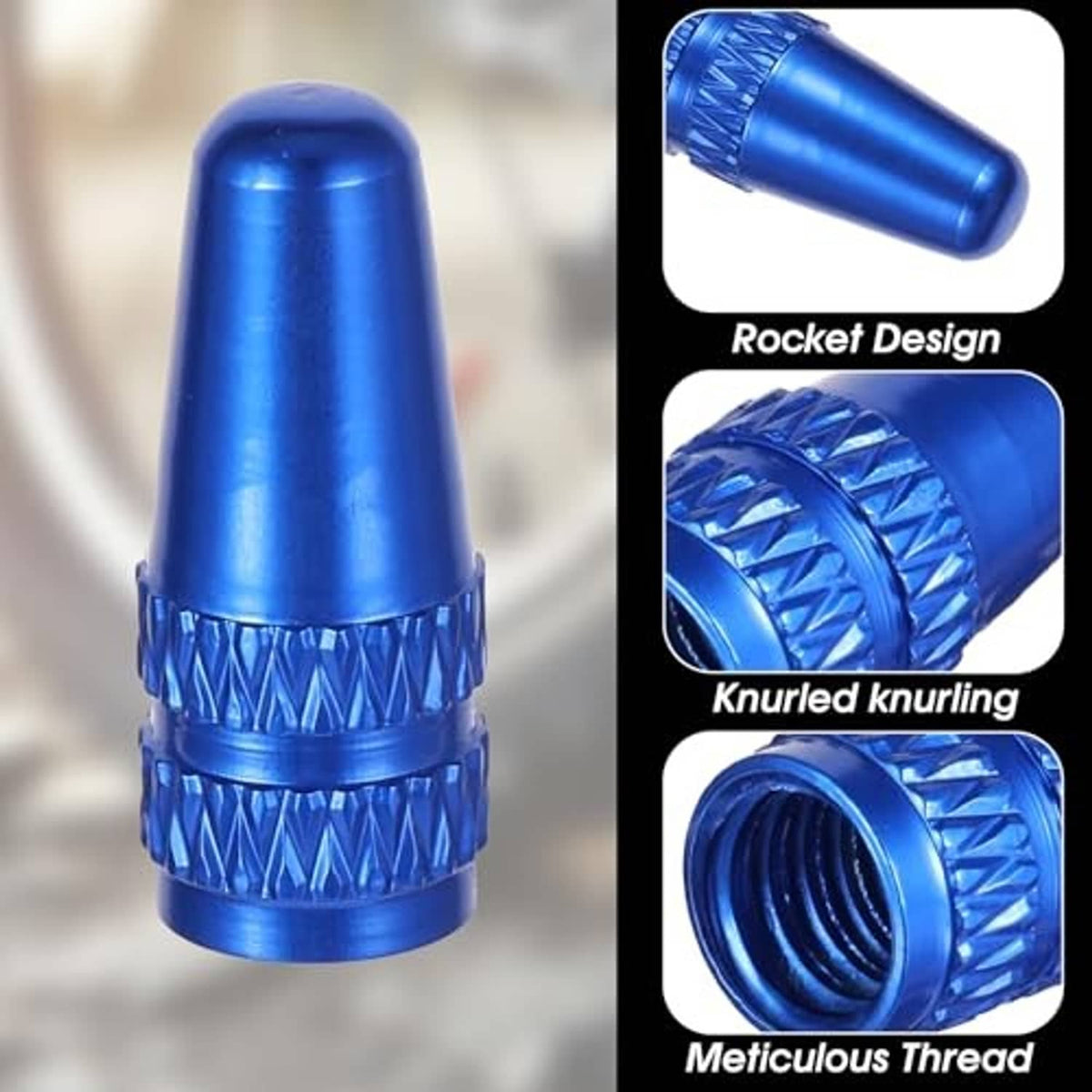 Blue aluminum Presta valve cap close-up with textured knurling and open valve threading