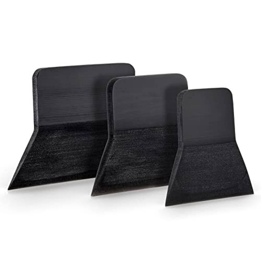 Black squeegee kit with three curved flat blades and frosted edge finish