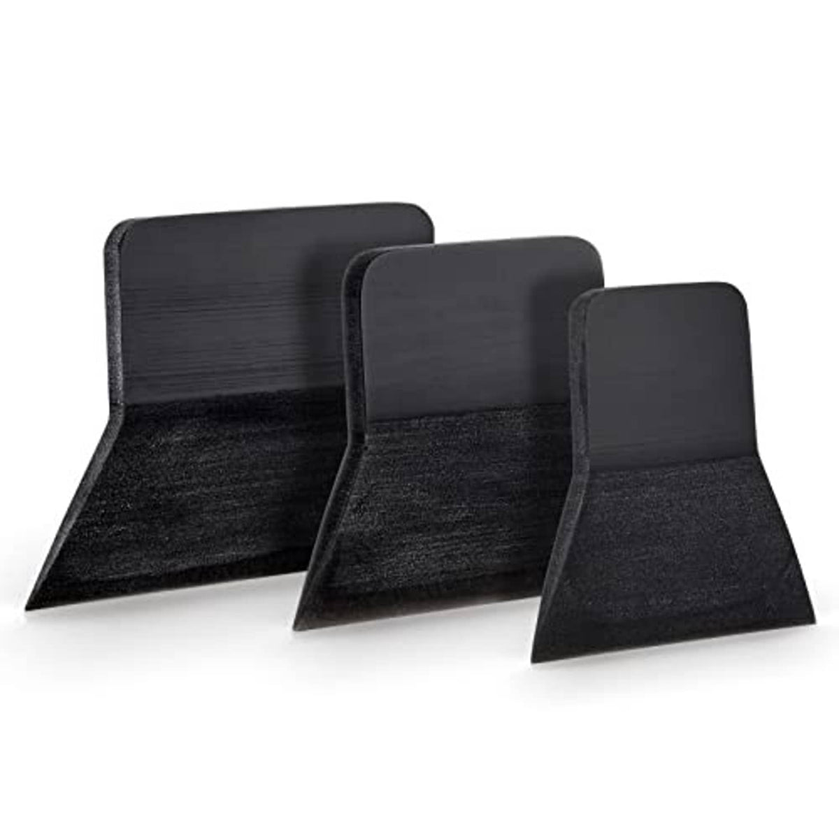 Black squeegee kit with three curved flat blades and frosted edge finish
