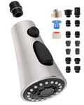 Brushed nickel universal kitchen faucet head with black control buttons and spray face