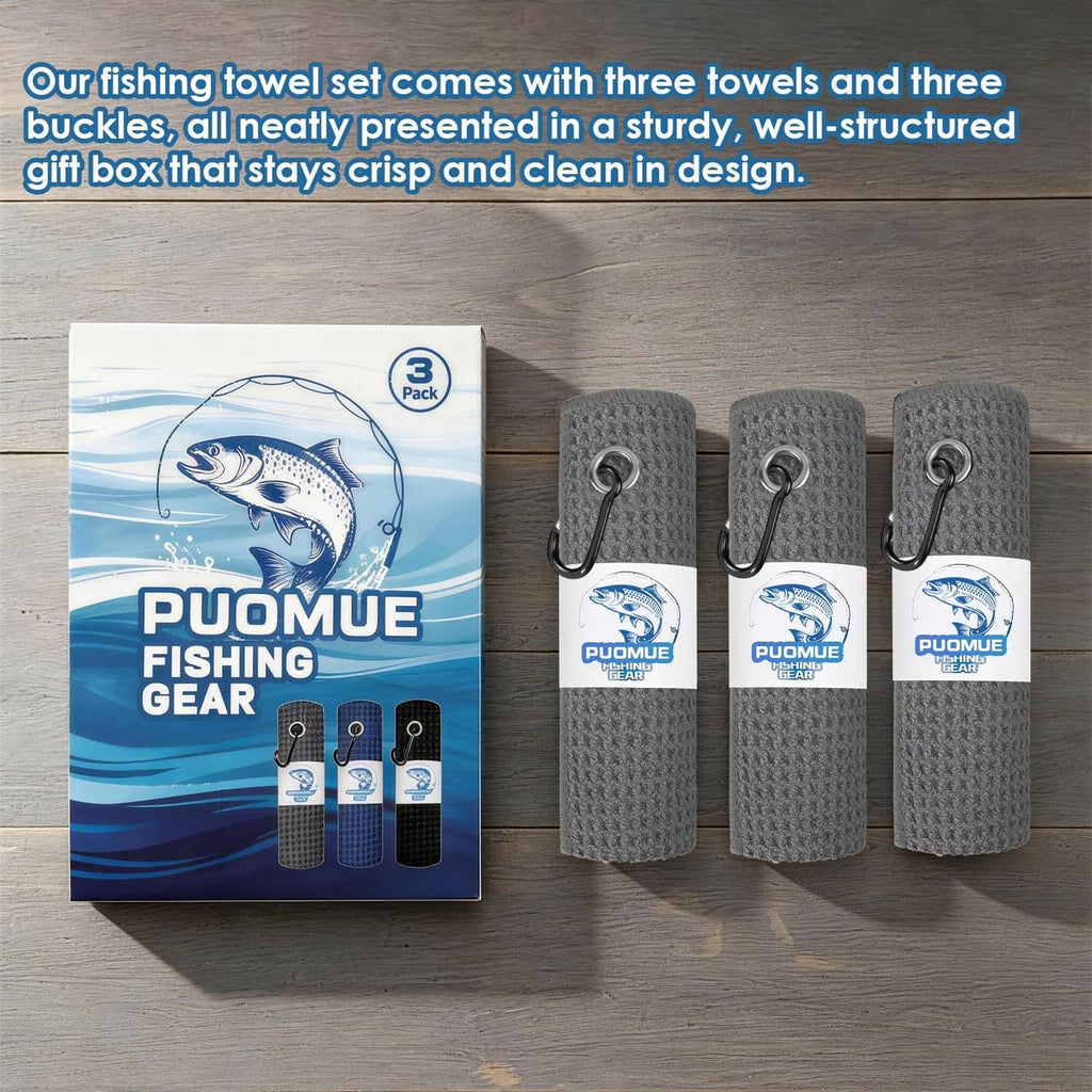 3-pack grey microfiber fishing towels with carabiner clips, shown with gift box