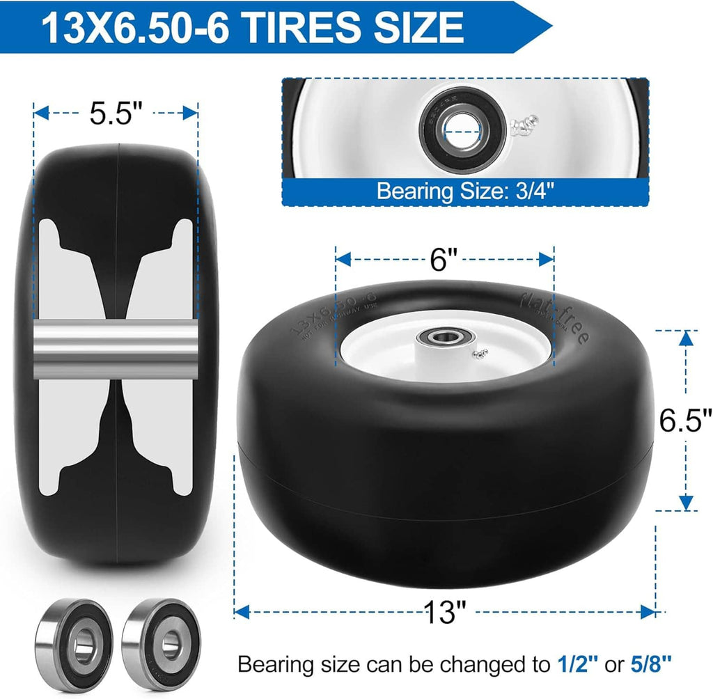 Flat-free tire and wheel set with bearing, black solid tire and white wheel hub.