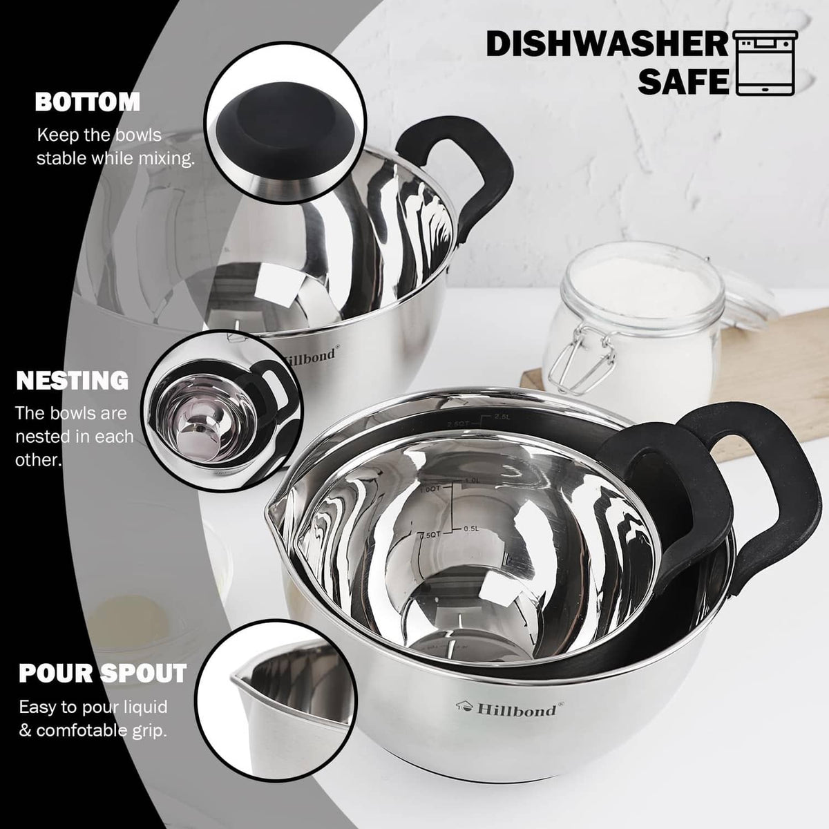 Stainless steel nesting mixing bowls with black lids and pour spout design