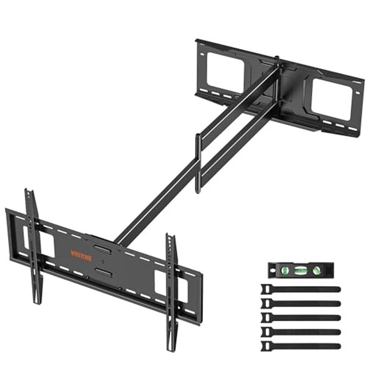 Full motion TV wall mount with long extension arm and wall plate, black steel