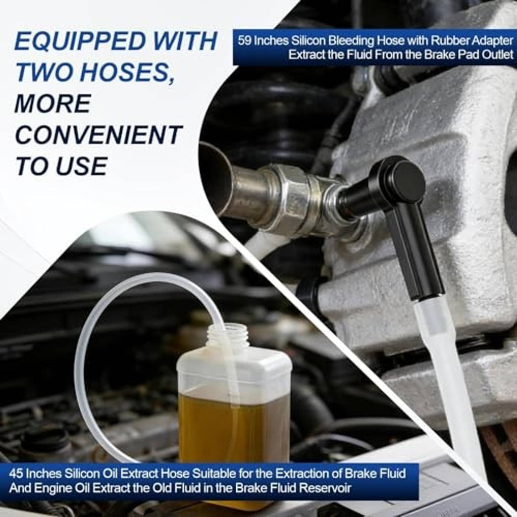Brake fluid bleeder setup with clear hose, small container, and adapter on vehicle brake line