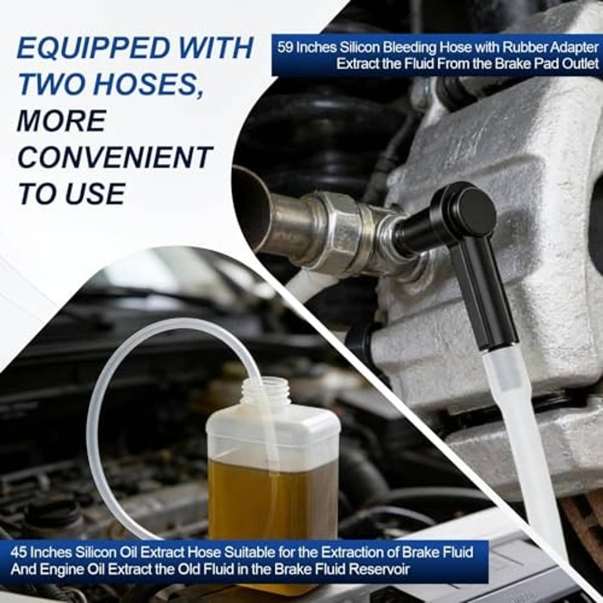 Brake fluid bleeder setup with clear hose, small container, and adapter on vehicle brake line