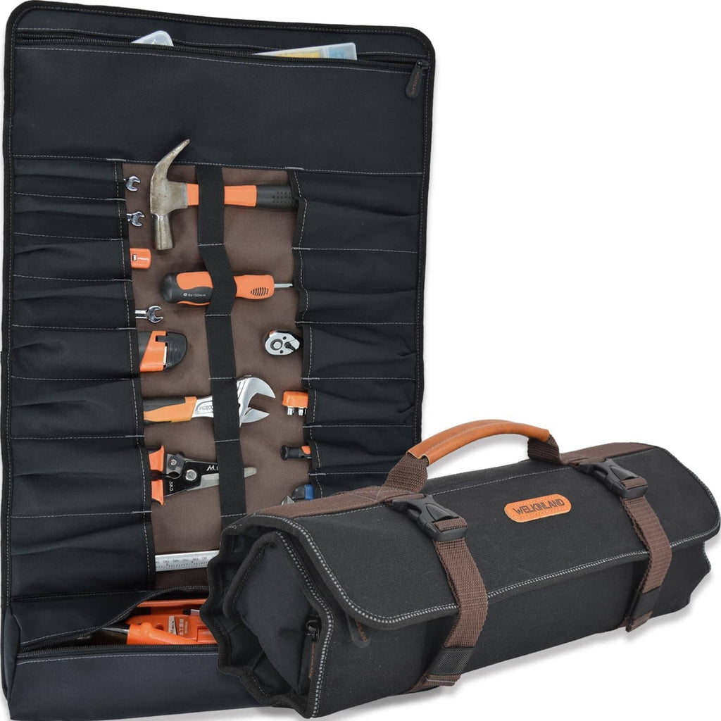 Waxed canvas tool roll with 18 pockets, open layout, tool bag with carry handle