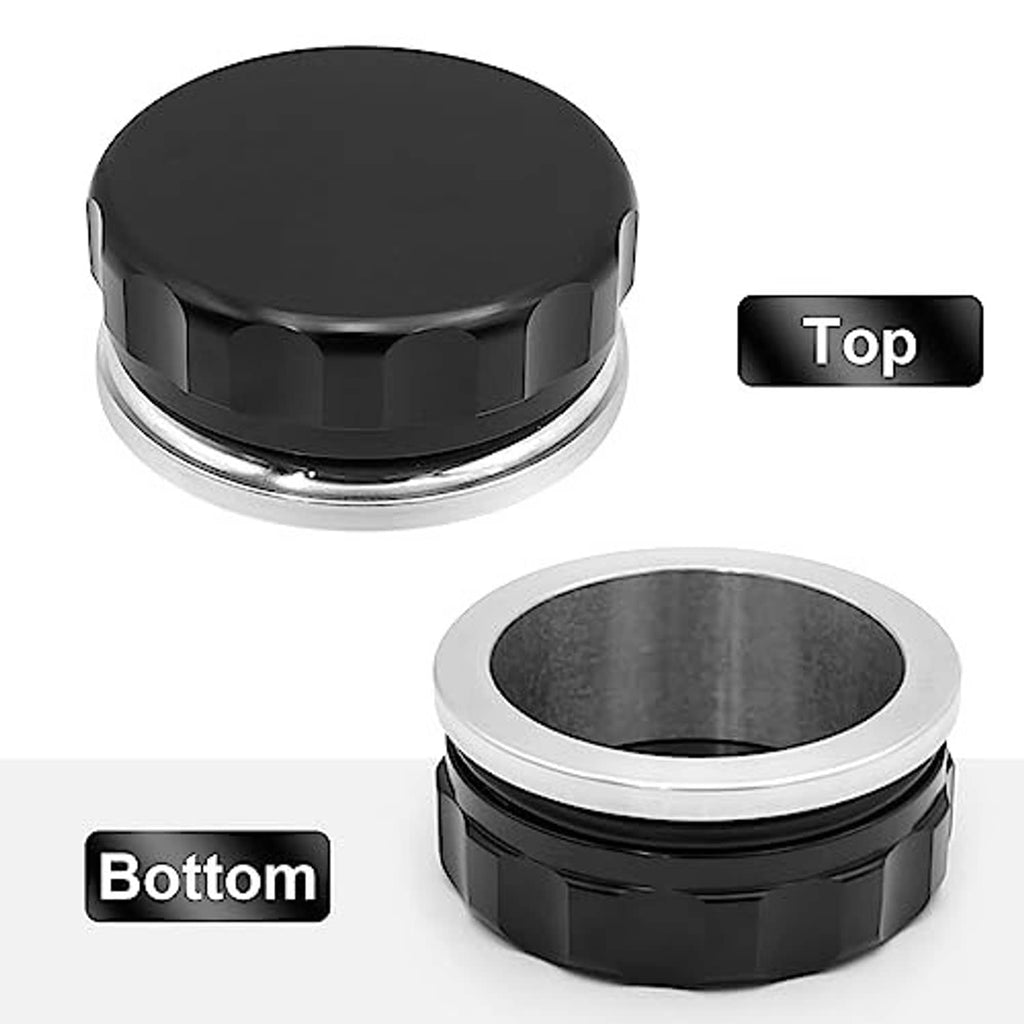 Black oil fuel filler cap with round top and visible underside threaded base