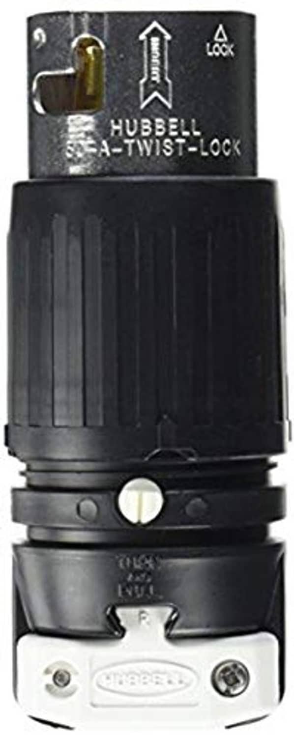Black locking plug with twist-lock collar and metal face, brass prong and indicator