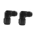 Black 90-degree AN hose fitting adapter pair with male threaded ends and swivel elbows