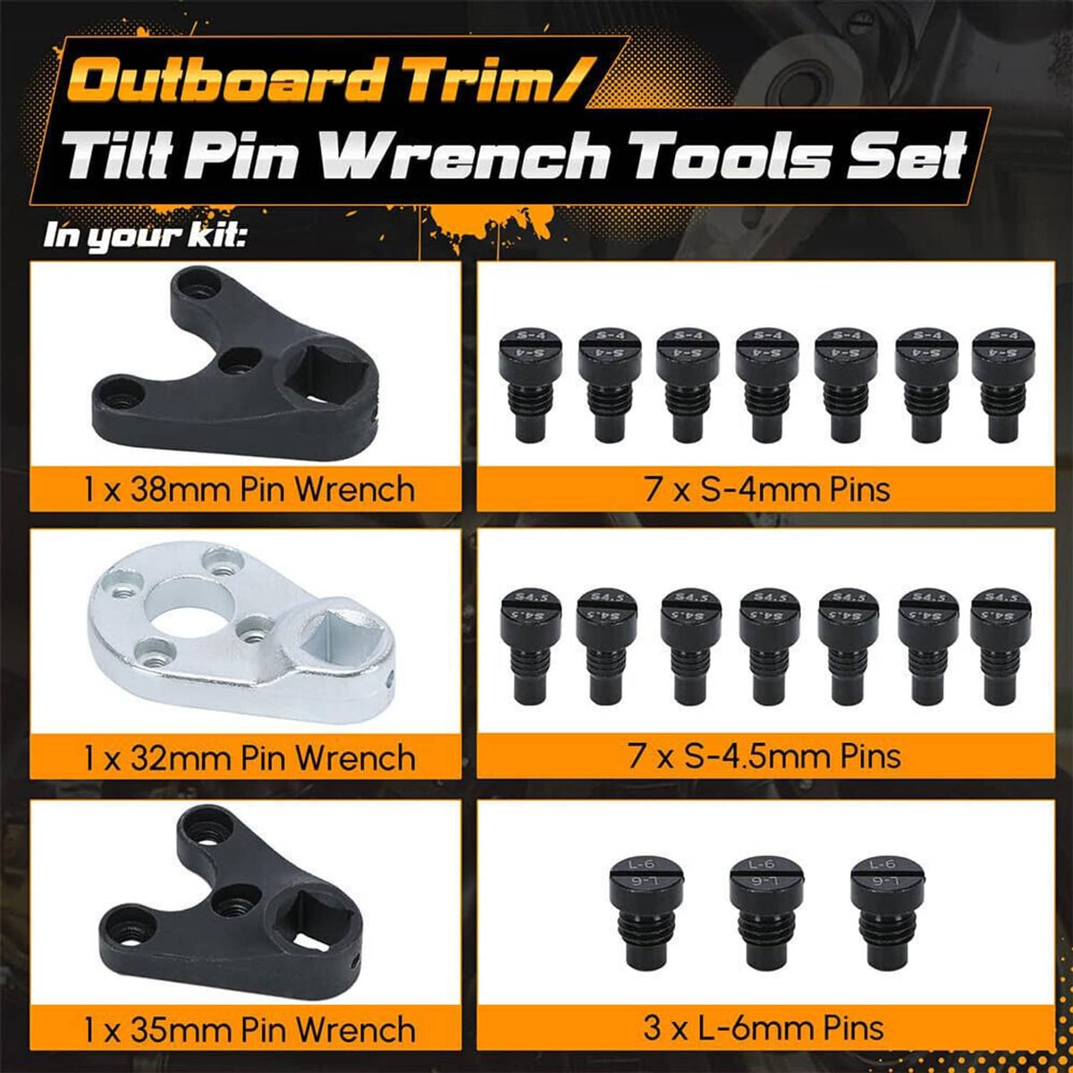 Outboard trim tilt pin wrench tool set showing wrenches and black pin bolt sizes