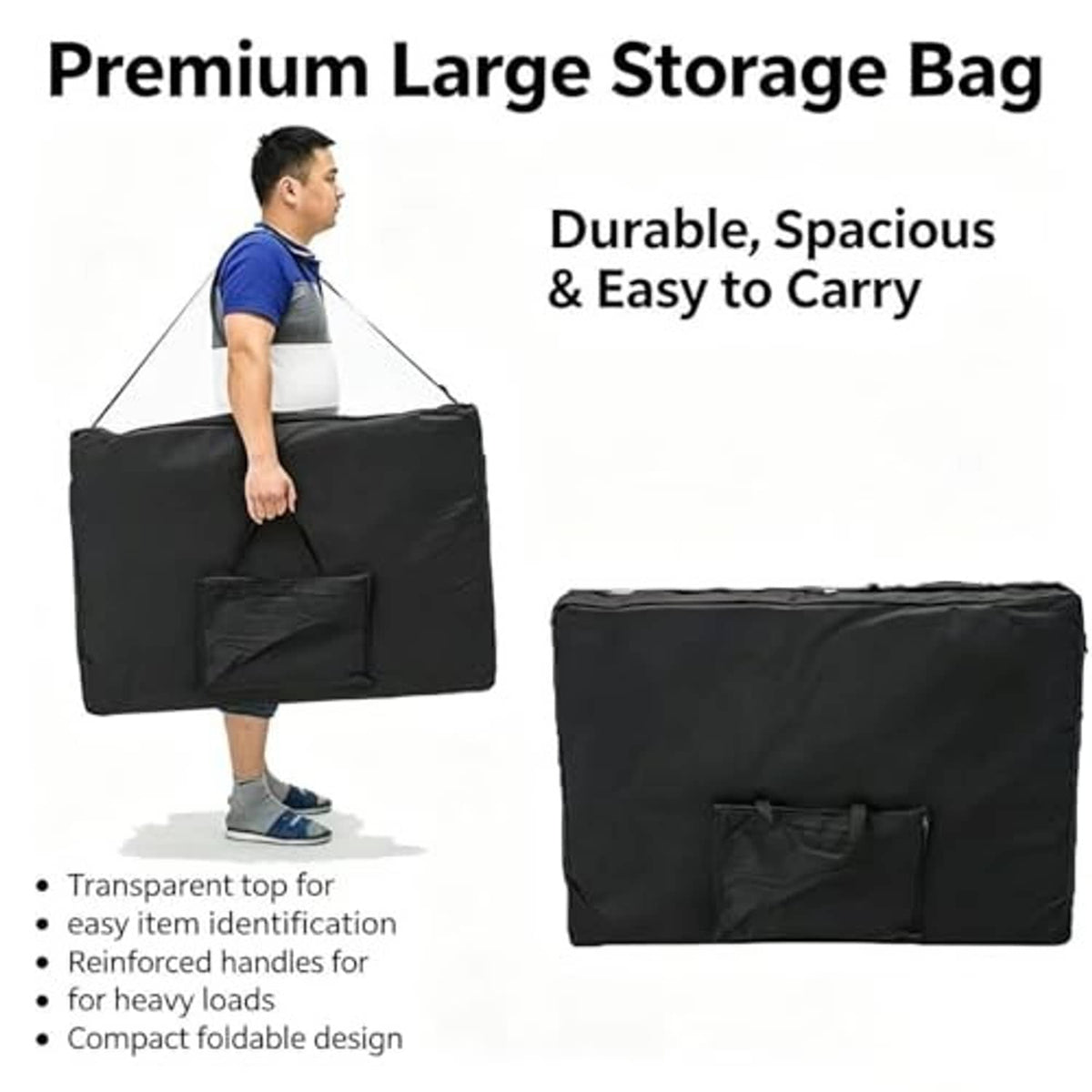 Black large storage bag with reinforced carry handles and front zip pocket