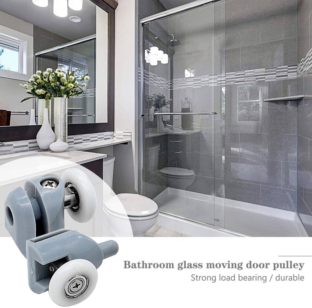 Gray bathroom glass door roller pulley with white wheels on bracket