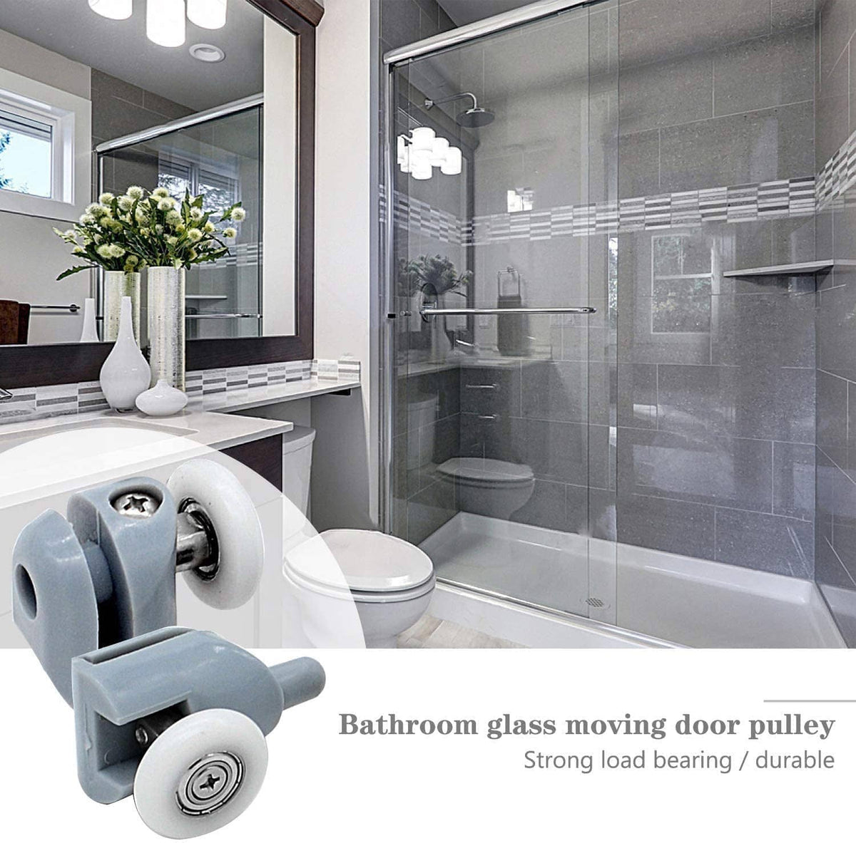 Gray bathroom glass door roller pulley with white wheels on bracket