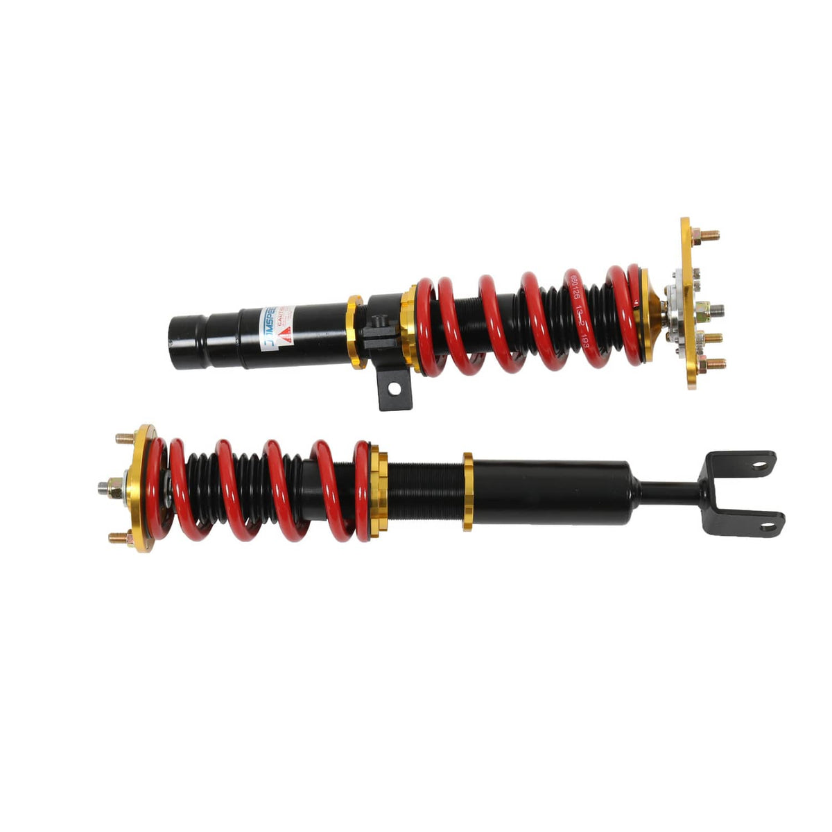 Two coilovers side view: red springs, black shocks, gold adjustment ends