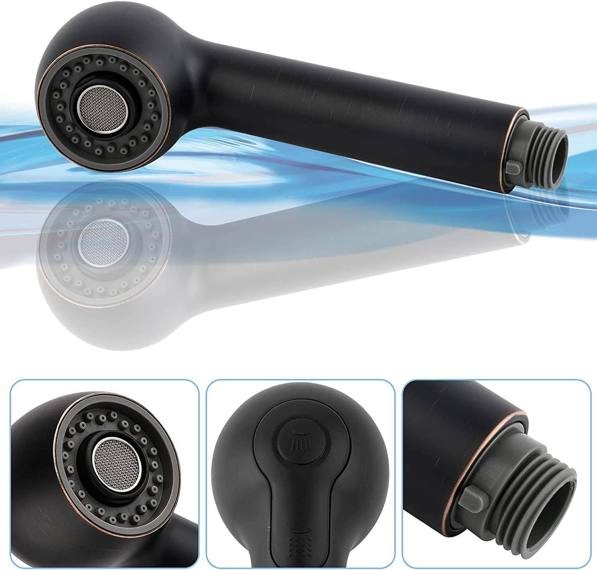 Black sink sprayer head with spray nozzles, push-button top, and threaded connection