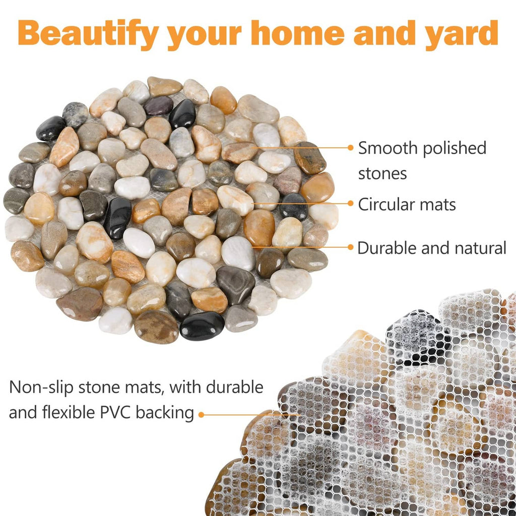 Round pebble stepping stone mat with smooth river rocks, non-slip backing
