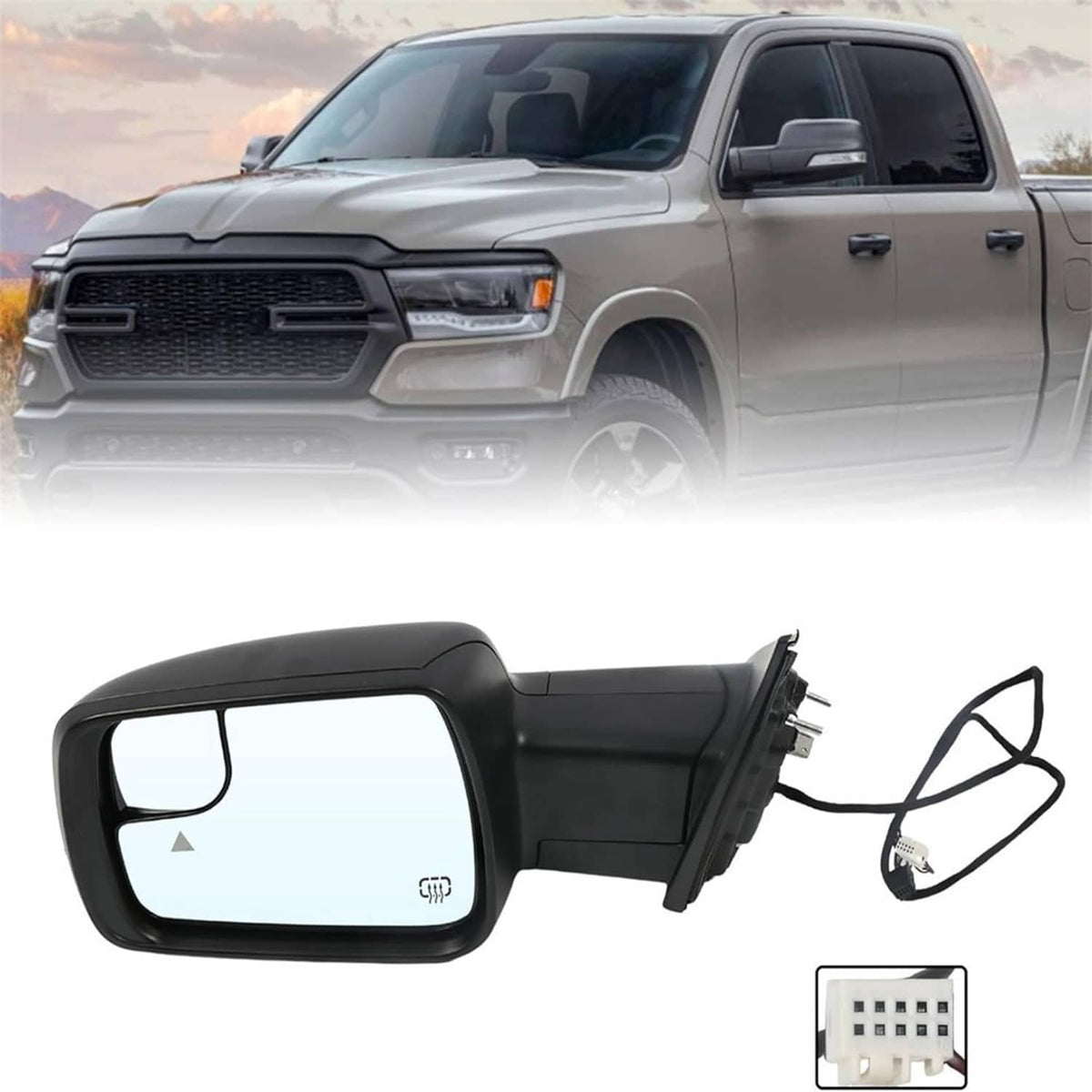 Left heated mirror assembly with signal light and connector harness, matte black housing