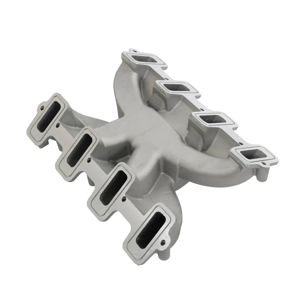 Gray dual plane intake manifold, angled view showing port runners and bolt tabs